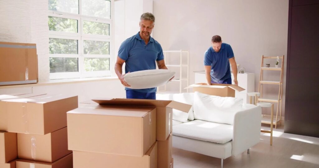 Professional movers carefully packing and loading household items.